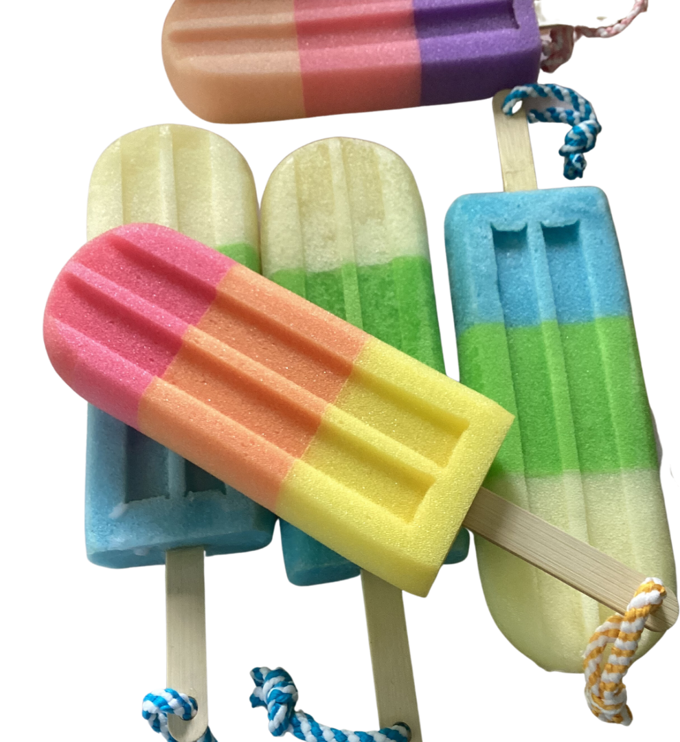 Soap Sponge on a Rope in a Jumbo Lolly Shaped Sponge Fragranced with Orange and Lemongrass, Lolly Soap on a Rope, Red Orange and Yellow-0