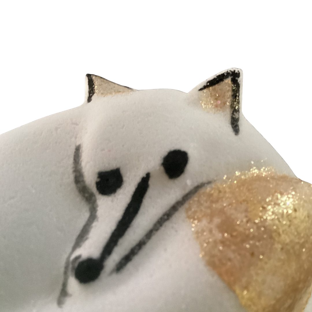 Hello Foxy!  Winter Fox Bath Bomb in White and Gold in Coconut Cream with Apricot Kernel Oil, Handpainted-1