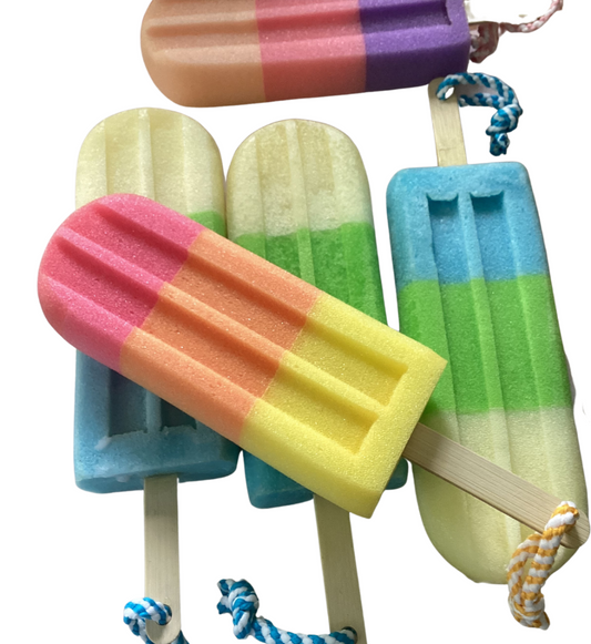 Soap Sponge on a Rope in a Jumbo Lolly Shaped Sponge Fragranced with Orange and Lemongrass, Lolly Soap on a Rope, Red Orange and Yellow-0