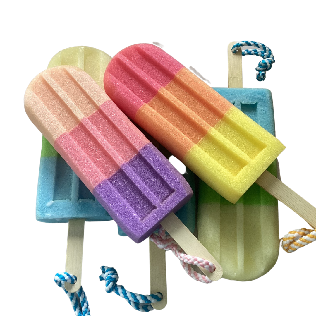 Soap Sponge on a Rope in a Jumbo Lolly Shaped Sponge Fragranced with Orange and Lemongrass, Lolly Soap on a Rope, Red Orange and Yellow-1