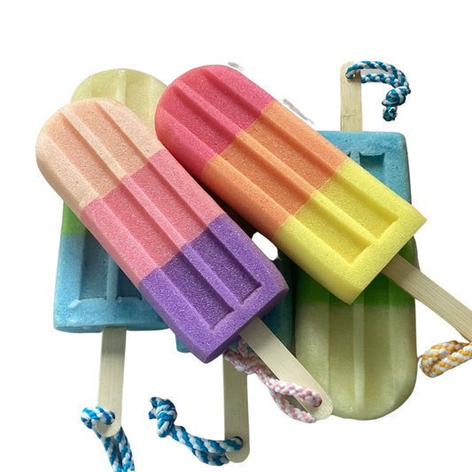 Soap Sponge on a Rope in a Jumbo Lolly Shaped Sponge Fragranced with Orange and Lemongrass, Lolly Soap on a Rope, Red Orange and Yellow-1