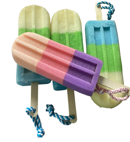 Jumbo Lolly Soap Sponge Fragranced with Snow Baby Designer Type, Soap on a Rope Lolly Shaped Pink, Peach and Lilac Sponge-0