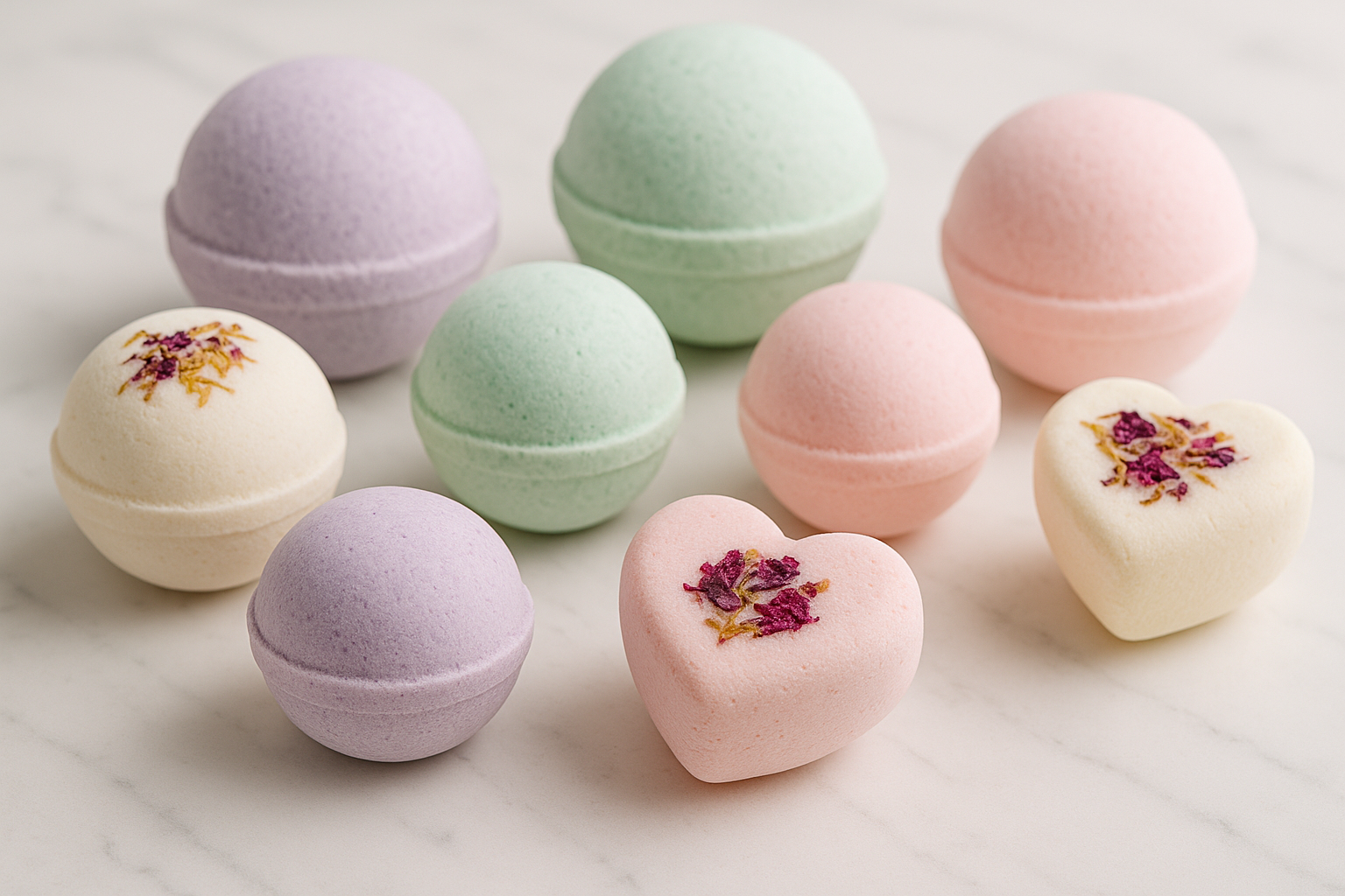 Bath bombs arranged on marble surface